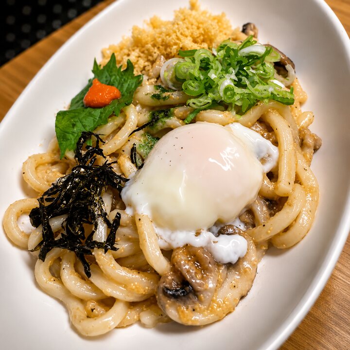 Carbonara udon with onsen egg