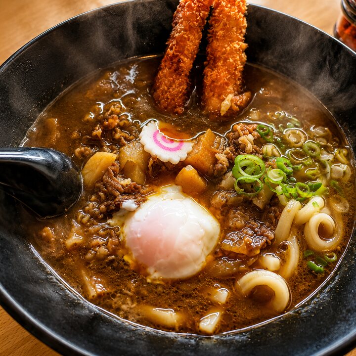 Curry udon with katsu and onsen egg